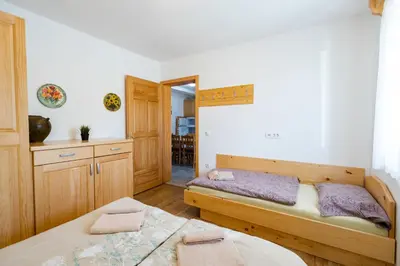 a bedroom with a bed and a mirror at Lahinja & Kolpa river apartments in Metlika