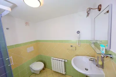 a bathroom with a sink and a toilet at Sobe Grabar in Ptuj
