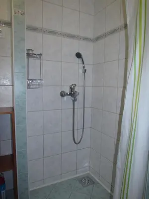 a shower with a shower head in a bathroom at Apartma Narnia in Bovec