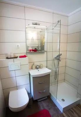 a bathroom with a shower and a toilet and a sink at Chalet Via Mons in Mojstrana