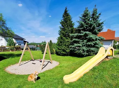 a dog sitting in the grass next to two slides at Penzion Gostisce Lesjak in Orehova vas
