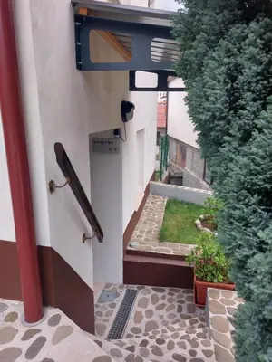 an outside view of a building with a door and plants at Apartment Carli-Jurč in Kobarid