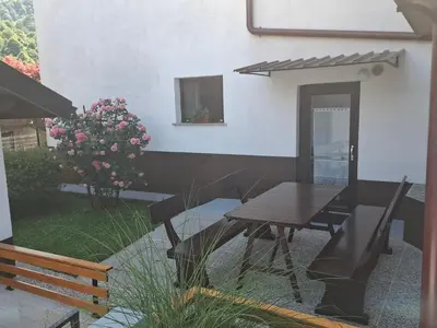 a patio with a table and chairs and a plant at Apartment Carli-Jurč in Kobarid
