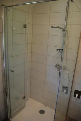 a bathroom with a shower with a glass door at Apartment with Free Parking in Ljubljana