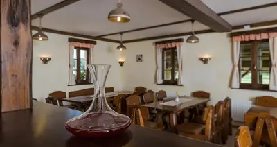 a vase sitting on top of a table in a restaurant at Tourist Farm Mali Raj in Dolenci