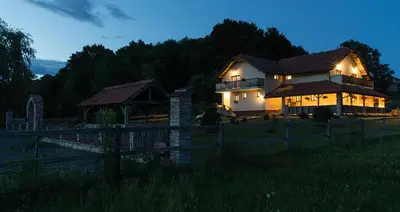 a large house with lights on in a field at Tourist Farm Mali Raj in Dolenci