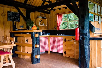 a kitchen in a wooden cabin with a table and a window at Glamping FOREST EDGE in Kamnik