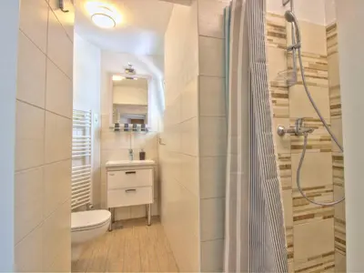 a bathroom with a shower and a toilet and a sink at Apartments Julijana in Bled