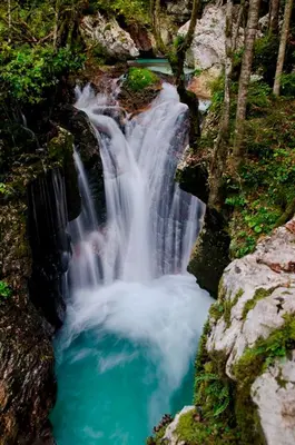 a waterfall in the middle of a river at D-D in Bovec
