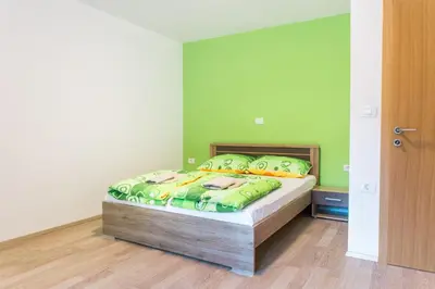 a bedroom with a bed with green walls at Guest House Rosi in Tolmin