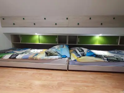 two beds in a room with green walls at Zidanica-Vineyard Cottage Jakše in Semič