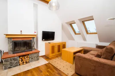 a living room with a couch and a fireplace at Luxury Apartments Bolf in Pohorje