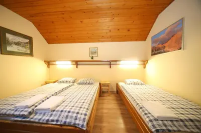 two twin beds in a room with wooden ceilings at PLANINSKA KOČA NA GOZDU in Kranjska Gora