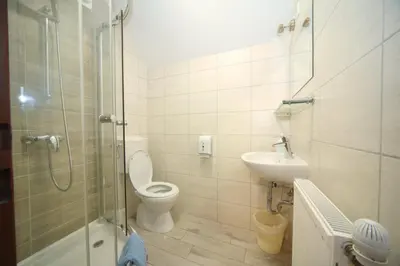 a bathroom with a toilet and a sink and a shower at PLANINSKA KOČA NA GOZDU in Kranjska Gora