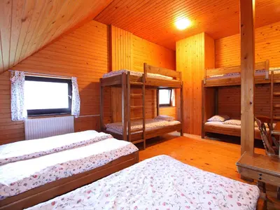 a bedroom with three bunk beds in a cabin at PLANINSKA KOČA NA GOZDU in Kranjska Gora