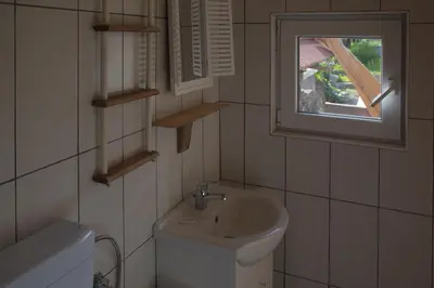 a bathroom with a sink and a toilet and a window at GOSTel Koprivnik pri Kočevju, Kočevski Rog in Koprivnik