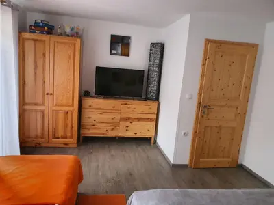 a living room with a television and a wooden door at Apartmaji Daniel in Kranjska Gora