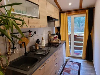 a small kitchen with a sink and a window at Apartmaji Daniel in Kranjska Gora