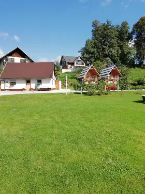 a group of houses in a yard with a green field at Apartma Pr' Vok in Lesce