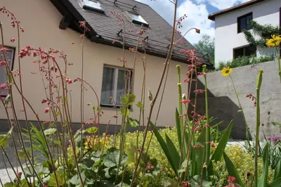 a garden with flowers in front of a house at Apartma Center in Bovec