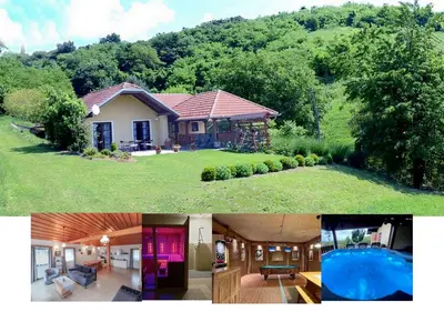 two pictures of a house with a pool at Apartment Feher Lendava in Lendava
