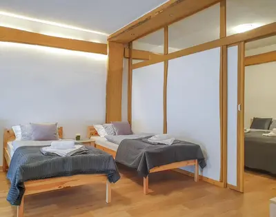 a room with two twin beds and a mirror at Apartment Feher Lendava in Lendava
