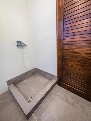 a bathroom with a shower with a wooden door at Počitniška hiša Radovna in Zgornja Radovna