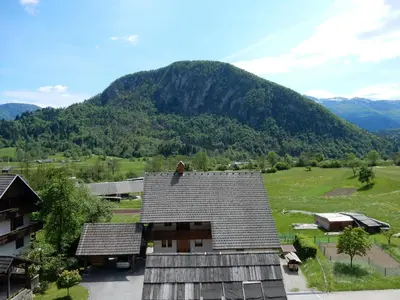 a view of a house with a mountain in the background at Apartmaji Mojca in Bohinj