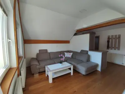 a living room with a couch and a table at Apartmaji Mojca in Bohinj