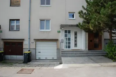 a house with two garage doors and a tree at Apartments Peter & Free parking in Ljubljana