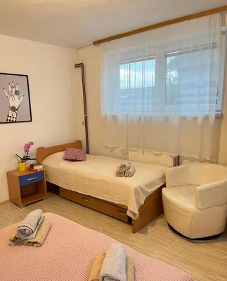 a bedroom with two beds and a chair and a window at Apartments Bukor with seasonal pool in Lukovica pri Domžalah