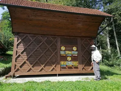 a man standing in front of a woodenshed at Apartments Bukor with seasonal pool in Lukovica pri Domžalah