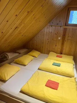 a bedroom with two beds in a attic at Koča Predilnica Velika Planina in Kamniška Bistrica