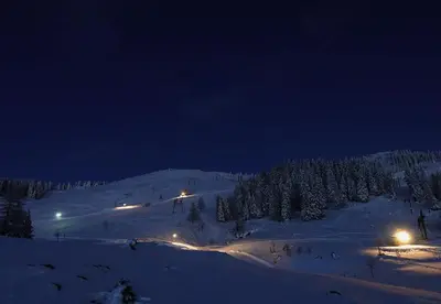 a snow covered slope with trees and lights at night at Koča Predilnica Velika Planina in Kamniška Bistrica