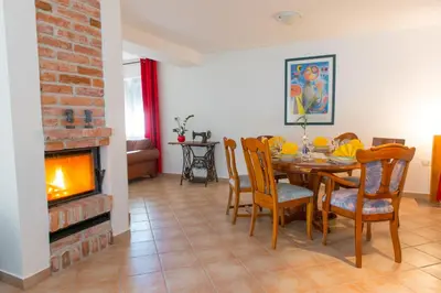 a dining room with a table and a fireplace at Apartma Marija in Metlika