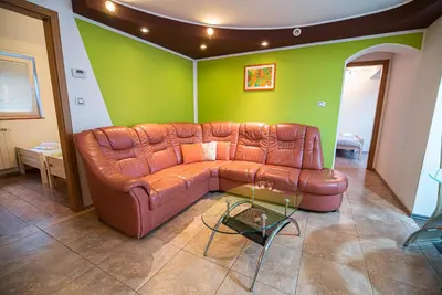 a brown leather couch in a living room with a table at Apartments Ole in Tolmin