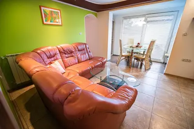 a living room with a leather couch and a table at Apartments Ole in Tolmin