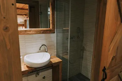 a bathroom with a sink and a shower at Hostel Lukna in Mojstrana