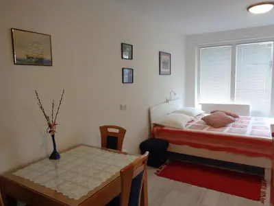 a bedroom with a bed and a table and a window at Apartment Maja Moravske Toplice in Moravske Toplice