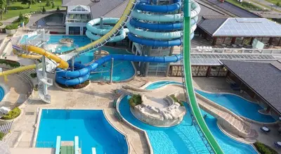 an aerial view of a water park with a water slide at Apartment Maja Moravske Toplice in Moravske Toplice