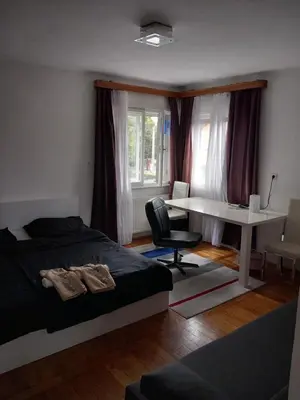 a bedroom with a bed and a desk and a table at Rooms & Apartments MURGLE Ljubljana in Ljubljana