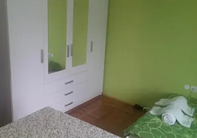 a bedroom with green walls and a bed and a dresser at Rooms & Apartments MURGLE Ljubljana in Ljubljana