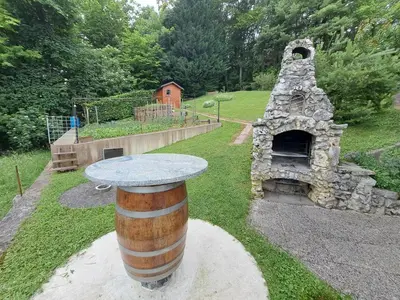 a table sitting on top of a stone fireplace at Getaway 