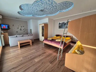 a room with a bedroom with a bed and a couch at Apartments Furman - SELF CHECK-IN in Rakek