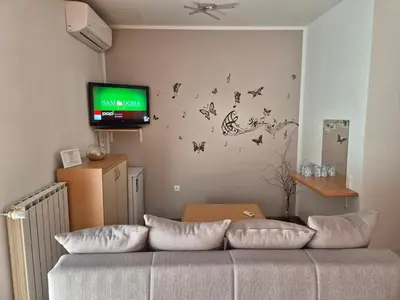 a living room with a couch with butterflies on the wall at Apartments Furman - SELF CHECK-IN in Rakek