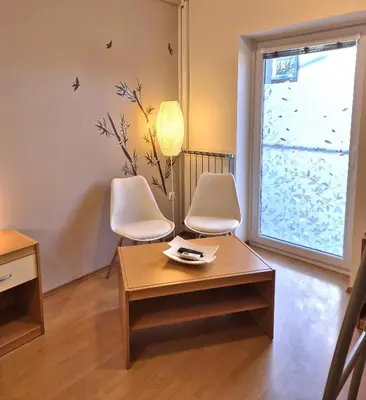 a room with two chairs and a table and a window at Apartments Furman - SELF CHECK-IN in Rakek