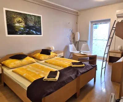 a bedroom with two beds and a ladder at Apartments Furman - SELF CHECK-IN in Rakek