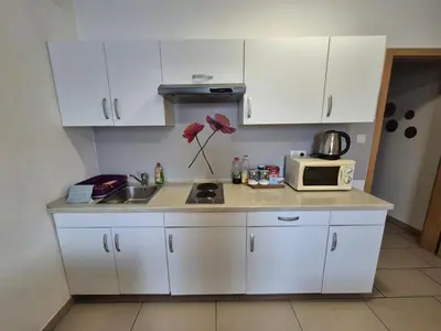 a kitchen with white cabinets and a sink and a microwave at Apartments Furman - SELF CHECK-IN in Rakek