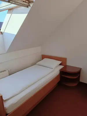 a small bedroom with two beds and a table at Apartment Paradise in Moravske Toplice