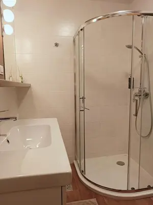 a bathroom with a shower and a sink at Apartment Paradise in Moravske Toplice